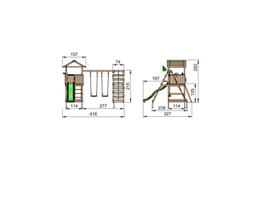Jungle Gym - Legetårn Jungle Gym House 2.1 m/2-Climb Module 220 og grøn rutschebane