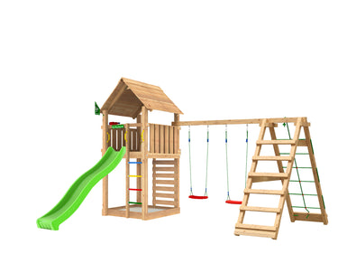 Jungle Gym - Legetårn Jungle Gym Cabin 2.1 w/2-Climb Module 220, grøn rutsjebane og 120 kg sand