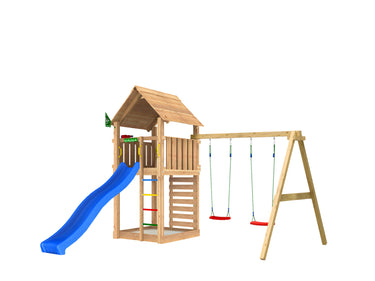 Jungle Gym - Legetårn Cabin 2.1 m/2-Swing Module 220, blå rutsjebane og 120 kg sand