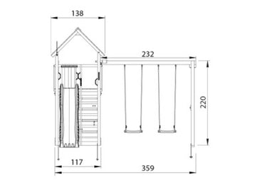 Jungle Gym - Legetårn Cabin 2.1 m/2-Swing Module 220, grøn rutsjebane og 120 kg sand