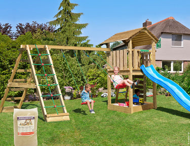 Jungle Gym - Legetårn Jungle Gym Cottage 2.1 m/2-Climb Modul 220, blå rutschebane og 120 kg sand