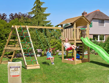 Jungle Gym - Legetårn Jungle Gym Cottage 2.1 w/2-Climb Module 220, grøn rutschebane og 120 kg sand