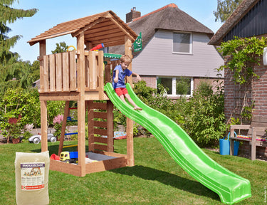 Jungle Gym - Legetårn Jungle Gym Cottage 2.1 m/grøn rutschebane og 120 kg sand