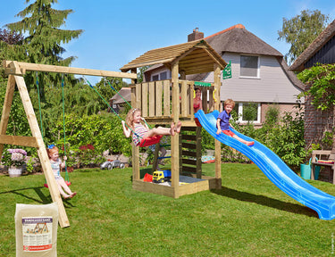 Jungle Gym - Legetårn Jungle Gym Cottage 2.1 m/2-Swing Modul 220, blå rutschebane og 120 kg sand