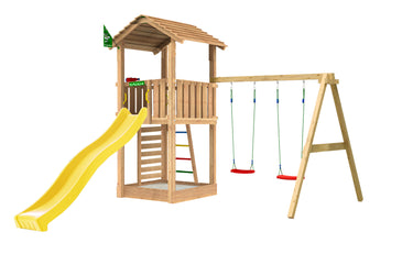 Jungle Gym - Legetårn Jungle Gym Cottage 2.1 m/2-Swing Modul 220 og gul rutschebane