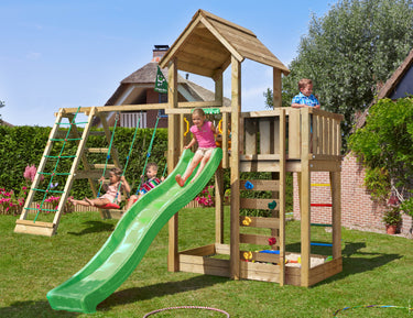 Jungle Gym - Legetårn Jungle Gym Mansion 2.1 m/2-Climb Module 220, grøn rutsjebane og 120 kg sand