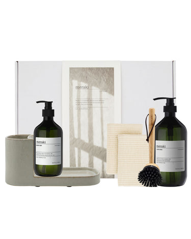 Gift box, grey holder + nature brush + anti-odour hand soap, forest garden dish wash, 490|1000 ml|ml