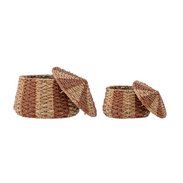 Bloomingville MINI - Ruddi Kurv m/Låg, Rød, Bankuan Grass, sæt af 2 stk.
